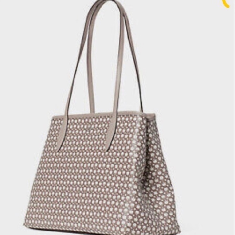 Kate Spade All Day Large Tote Bag Signature Jacquard Beige Leather Trim